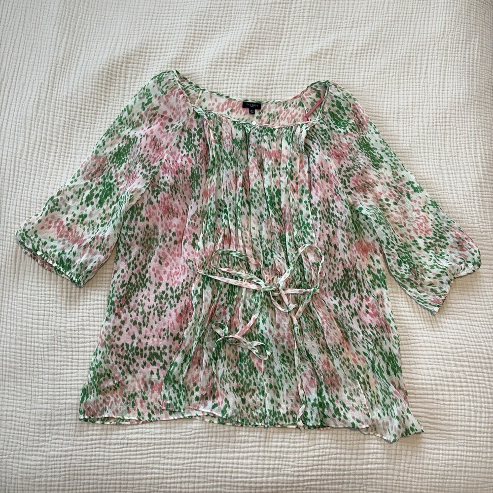 TALBOTS Women's Silk Blouse Floral Sz 16 Green Pink Preppy Beach Lightweight